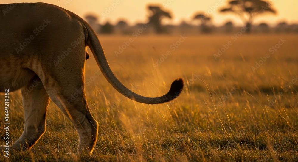 Obraz premium Lion's tail at sunrise in savanna