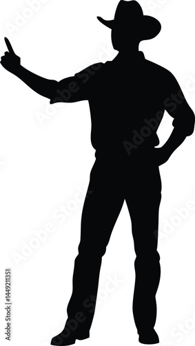 Silhouette of a man wearing a cowboy hat pointing upwards with confidence and conviction