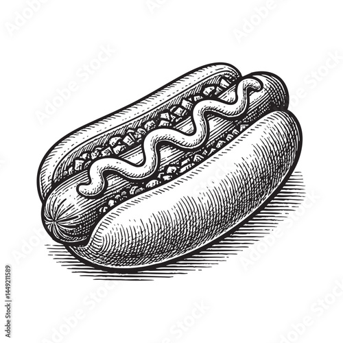 Hot dog with mustard and relish woodcut engraving vector illustration