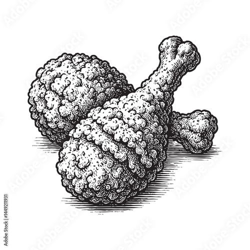 Crispy fried chicken drumsticks woodcut engraving vector illustration