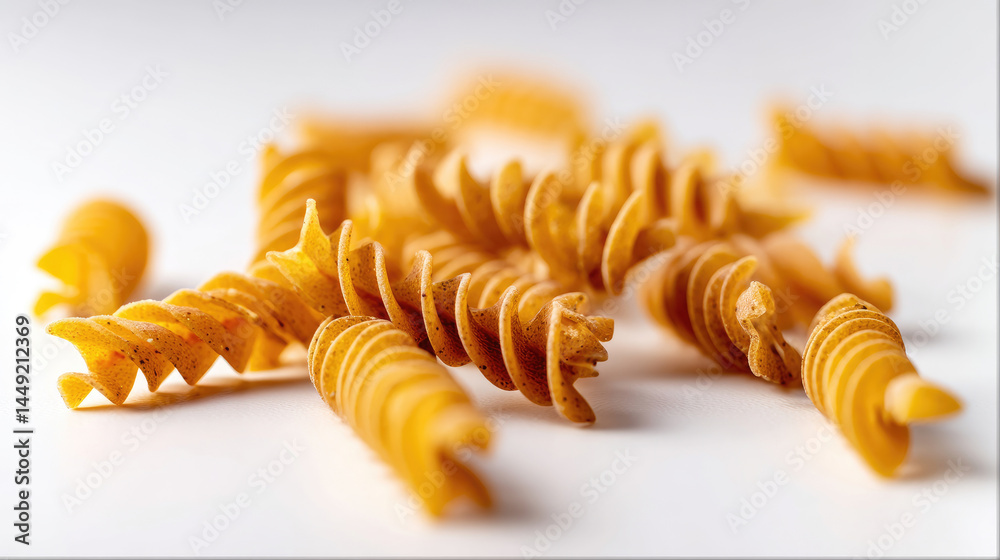 Close-up of pasta spirals. A cluster of golden, spiral-shaped pasta pieces lies on a white surface Close-up of pasta spirals. A cluster of golden, spiral-shaped pasta pieces lies on a white surface