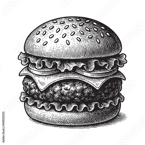 cheeseburger woodcut engraving vector illustration