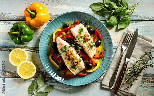 Grilled fish fillets with colorful bell peppers, olives, and herbs on blue plate, top view