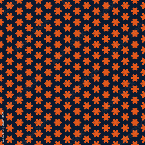 Seamless Orange Flower Pattern Dark Blue Background Elegant Floral Textile Design Repeat Print Style