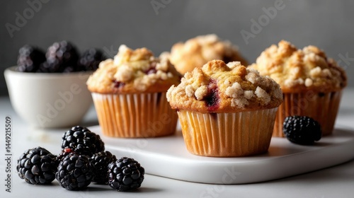 Delicious Berry Muffins: A close-up shot of delectable muffins, generously studded with juicy blackberries, arranged artfully on a clean, elegant surface.