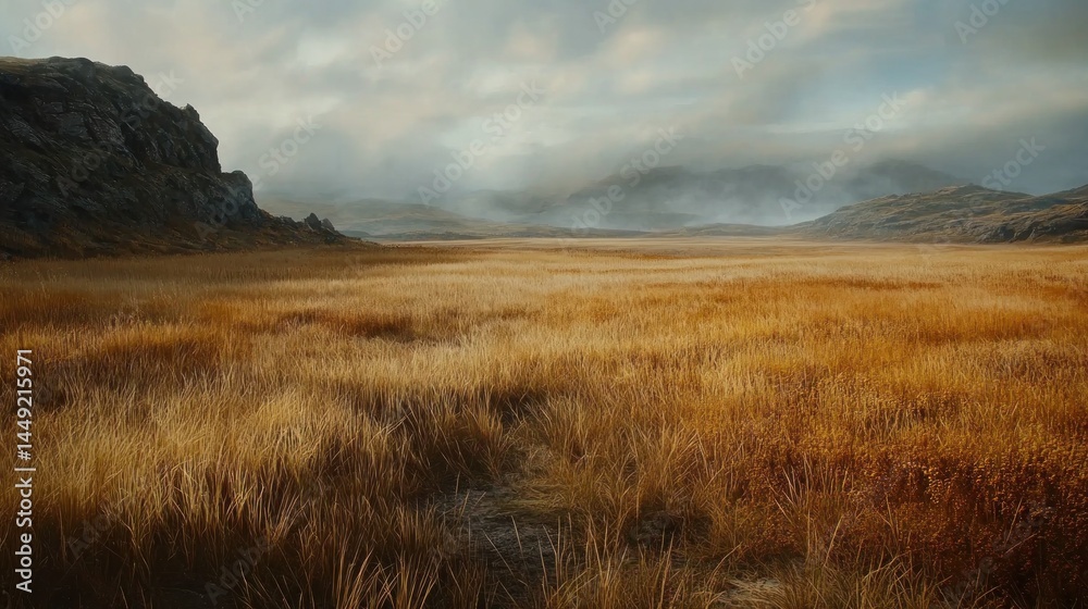 Expansive golden field stretches to a misty mountain range