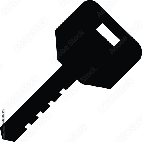 Simple solid black silhouette depicts a modern key shape with rectangular head