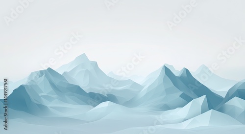 A serene landscape of polygonal mountains against a light background.