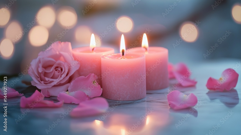 Soft pink candles with a rose and petals Soft pink candles with a rose and petals