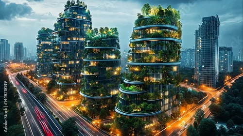 Modern cityscape at night dramatic architecture dark green blue tones