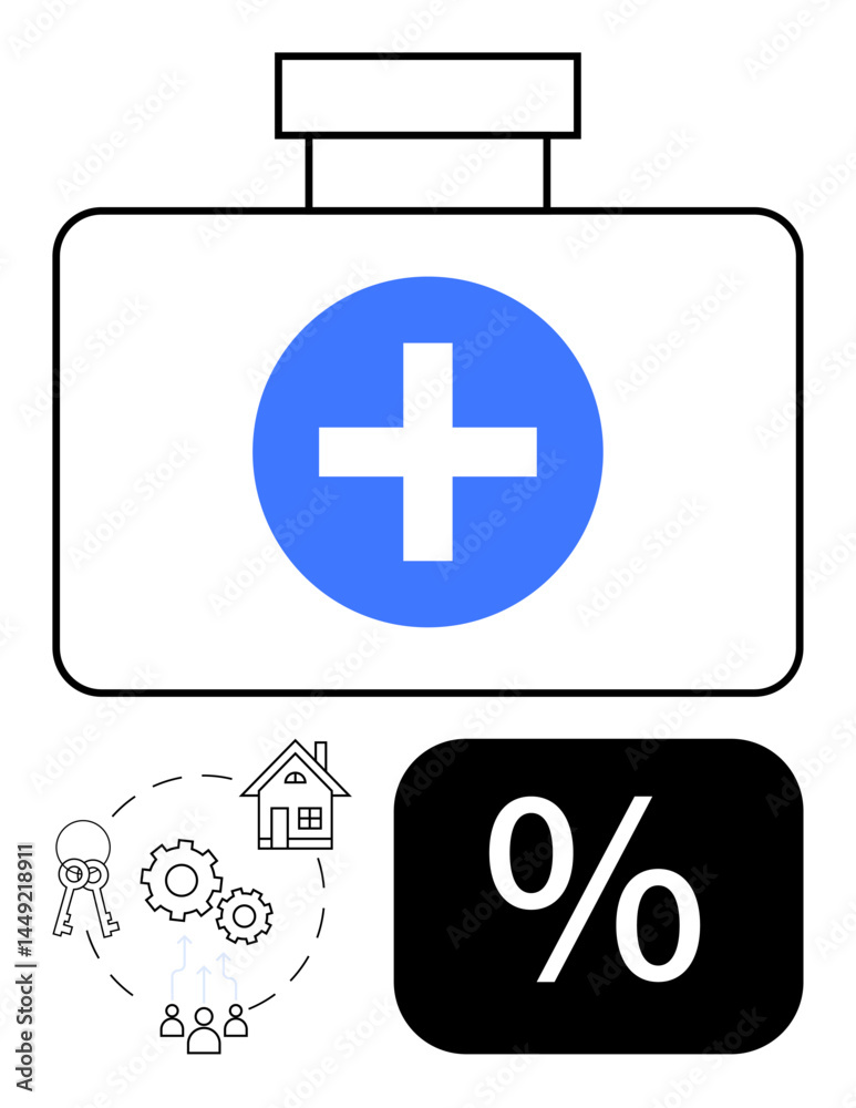 Obraz premium Blue medical kit with cross, connected icons of house, keys, gears, and group, alongside percentage sign. Ideal for healthcare, insurance, financial planning property interest rates teamwork