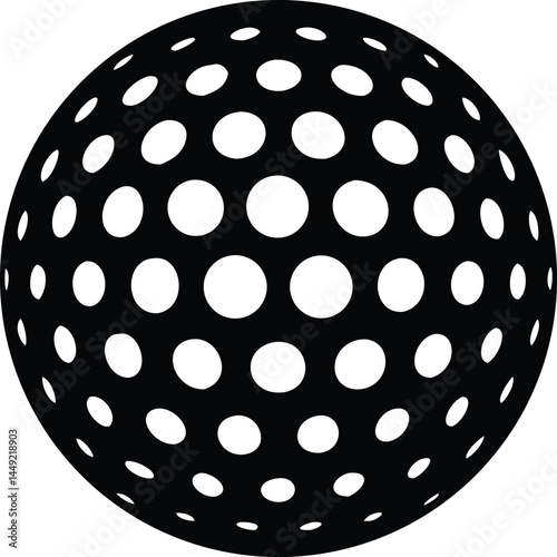 The geometric sphere is covered with an alternating pattern of circular holes and black surface