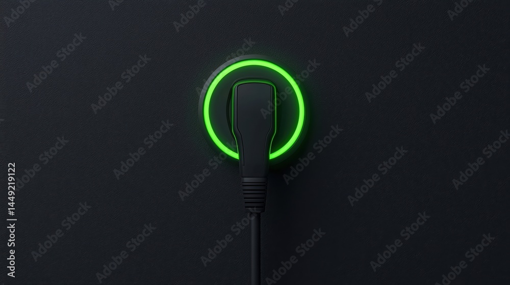 A black power plug is inserted into a socket with a glowing green ring, symbolizing charging or power. A black power plug is inserted into a socket with a glowing green ring, symbolizing charging or power.