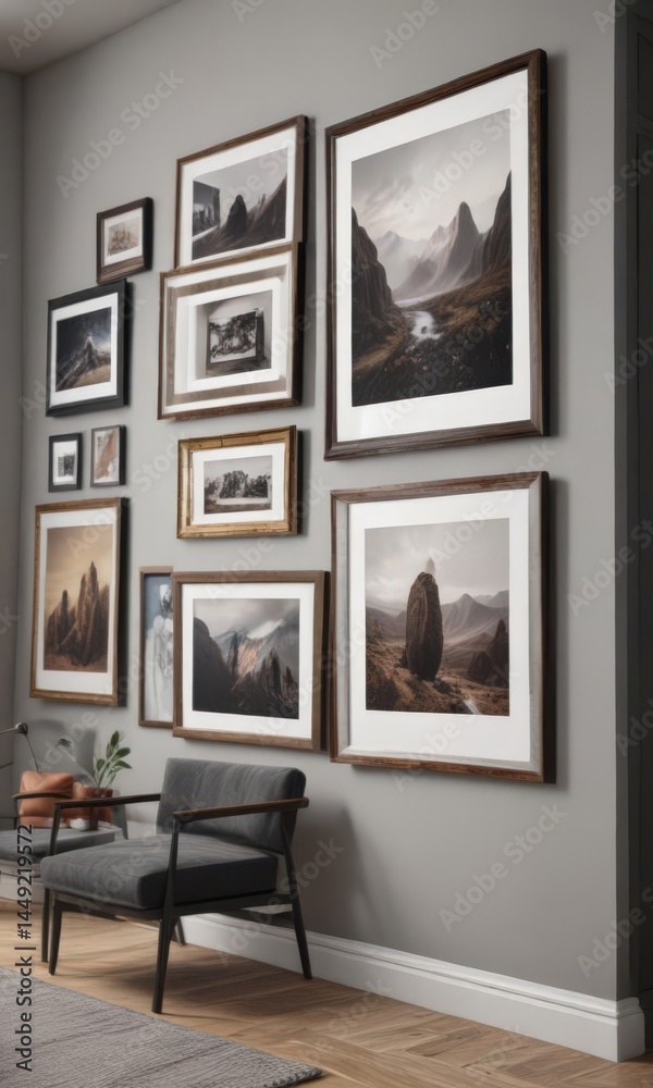 Various sized modern frames, empty & filled with art prints, artistic, style, art mockup Various sized modern frames, empty & filled with art prints, artistic, style, art mockup