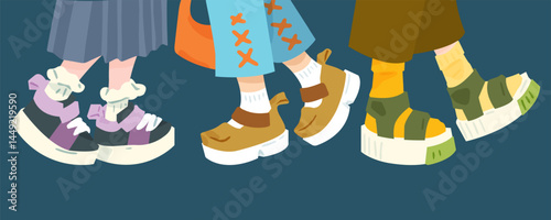 Cartoon Stylish Shoes and Socks. Illustration of three pairs of fashionable shoes and socks in flat cartoon style. Chunky sneakers and sandals with playful clothing details on dark background.
