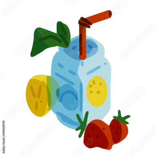 Summer Fruit Lemonade Cartoon Illustration. Cartoon-style lemonade in a jar with lemon slices, strawberries, mint leaf, and straw. Bright flat colors, isolated on white background.