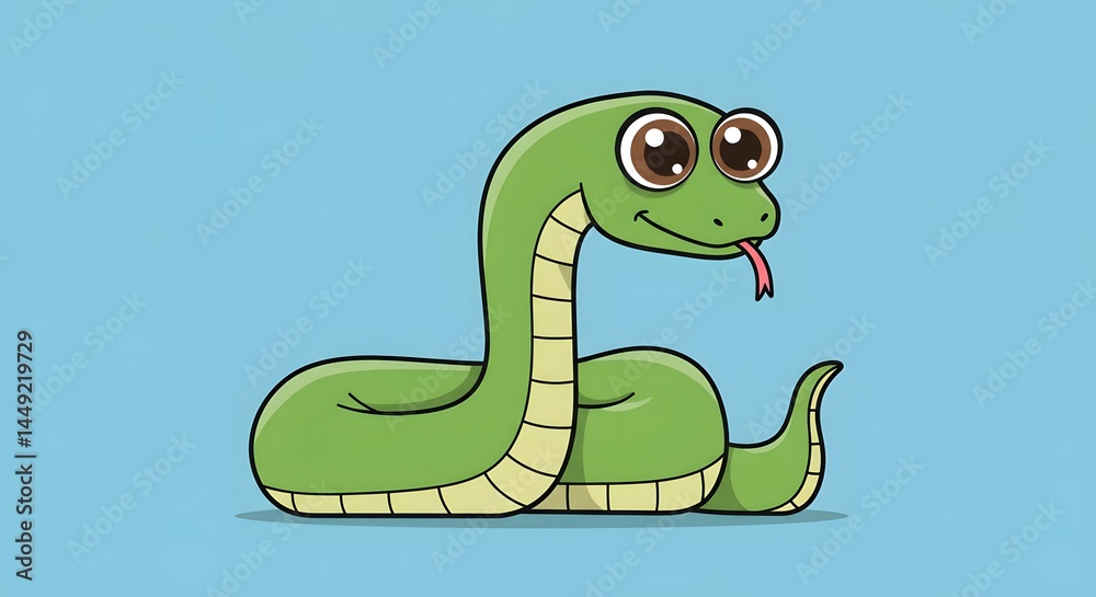 Fototapeta premium Cute Green Snake Cartoon Character with Tongue Out on Blue Background
