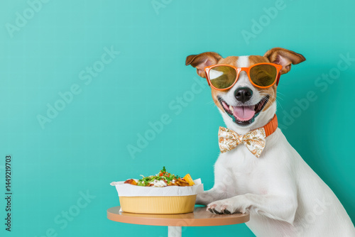 Happy dog wearing orange sunglasses and bow tie sitting at table with food against turquoise background