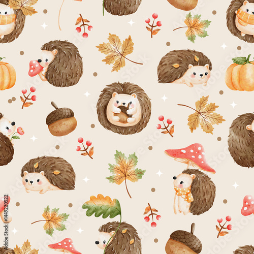 Cute Autumn Hedgehog Seamless Pattern with Leaves Mushrooms and Acorns | Woodland Fall Animal Background