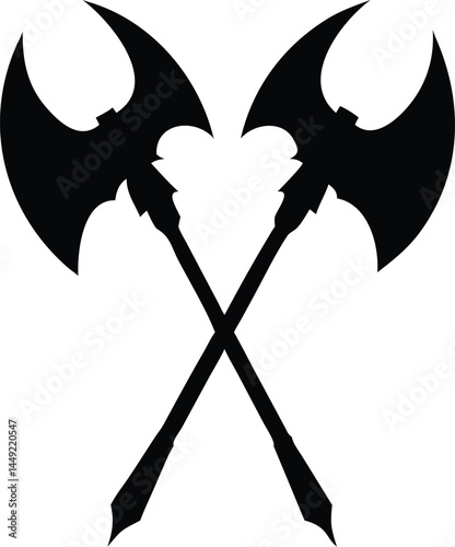 Two crossed battleaxes appear as black silhouettes, creating an imposing and formidable symbol