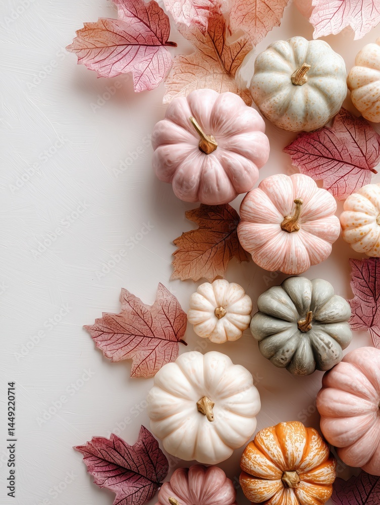Colorful small pumpkins in shades of pink, white, gray, and orange, accompanied by autumn leaves, arranged on a light - colored background, creating a warm and seasonal fall scene.