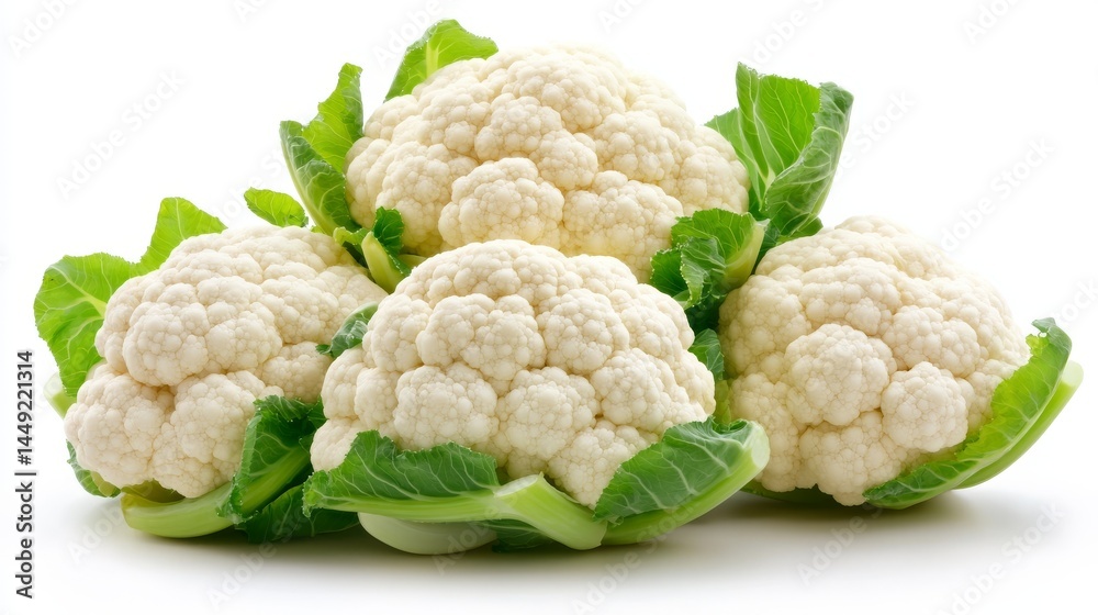 Four heads of fresh cauliflower, surrounded by their green leaves, are clustered together on a white background.