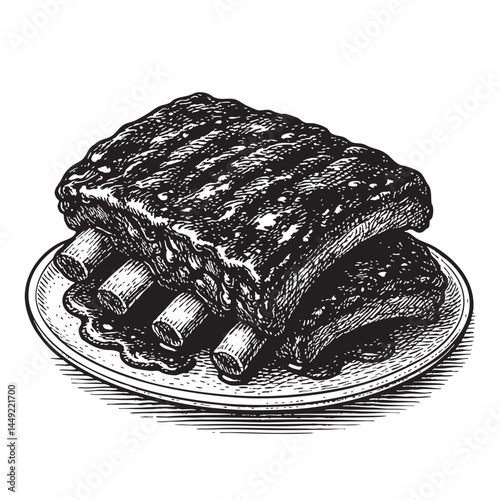 Pork ribs with barbecue glaze woodcut engraving vector illustration