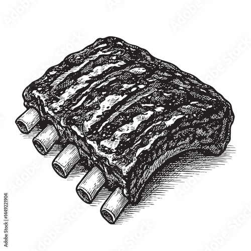 Pork ribs with barbecue glaze woodcut engraving vector illustration