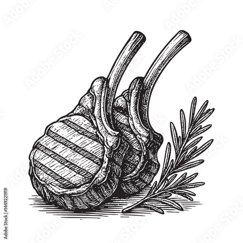 Grilled lamb chops with rosemary woodcut engraving vector illustration