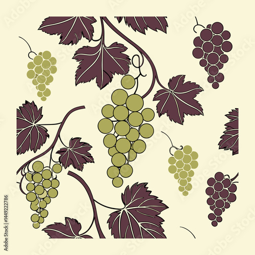 Vintage Grape Vine Pattern – Green and Purple Grapes with Leaves