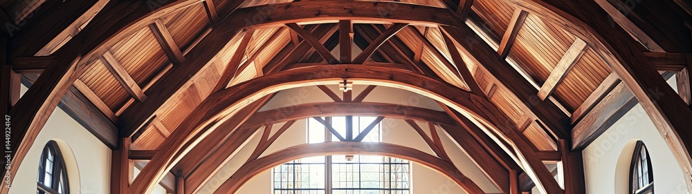 Obraz premium Dramatic Vaulted Ceiling in an Old Church Interior with Wooden Beams