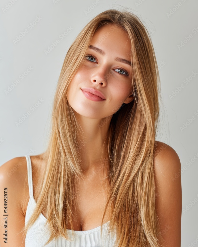 A woman with long blonde hair wearing a white tank top A woman with long blonde hair wearing a white tank top