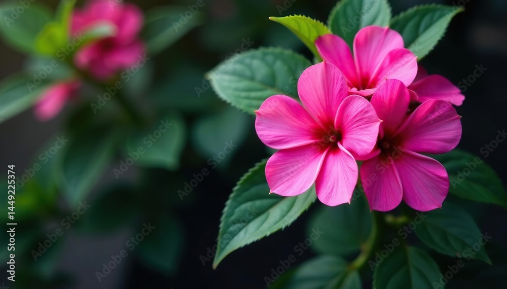 Vibrant fuchsia flowers, intricate leafy details, flower pattern, leaves, lush Vibrant fuchsia flowers, intricate leafy details, flower pattern, leaves, lush