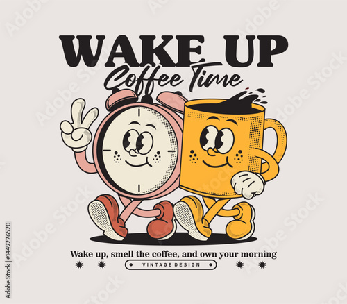 Funny cartoon retro alarm clock and coffee mug character in colorful hand-drawn style. Perfect for T-shirts, stickers, and morning themed designs. Vector illustration