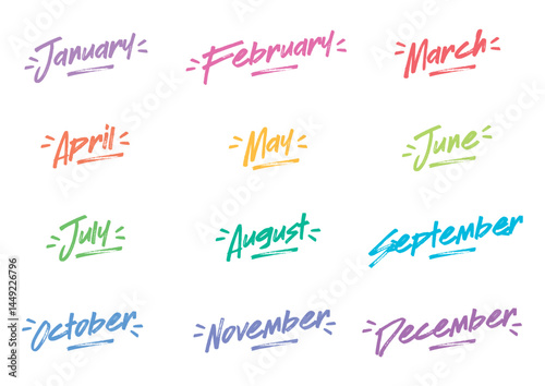 January, February, March, April, May, June, July, August, September, October, November, December months. colorful month names concept