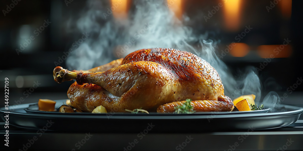 Fototapeta premium Roasted Chicken Dinner Steaming Hot on Tray