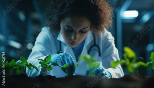 Female Scientist Examining Plant Growth Advancements in Medical Technology