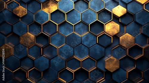 Hexagonal arrangement with blue and gold accents