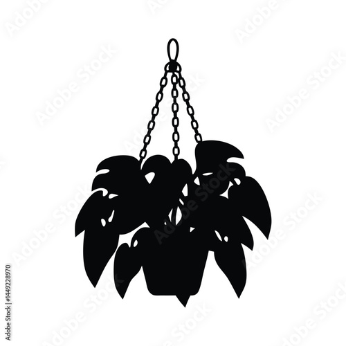 Silhouette of a hanging plant pot with chains and leaves