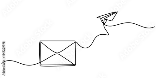 Continuous one line drawing of envelope mail with airplane paper, Drawing of continuous editable one line flying paper airplane and mail. Concept of sending emails for business.                       