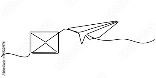 Continuous one line drawing of envelope mail with airplane paper, Drawing of continuous editable one line flying paper airplane and mail. Concept of sending emails for business.                       