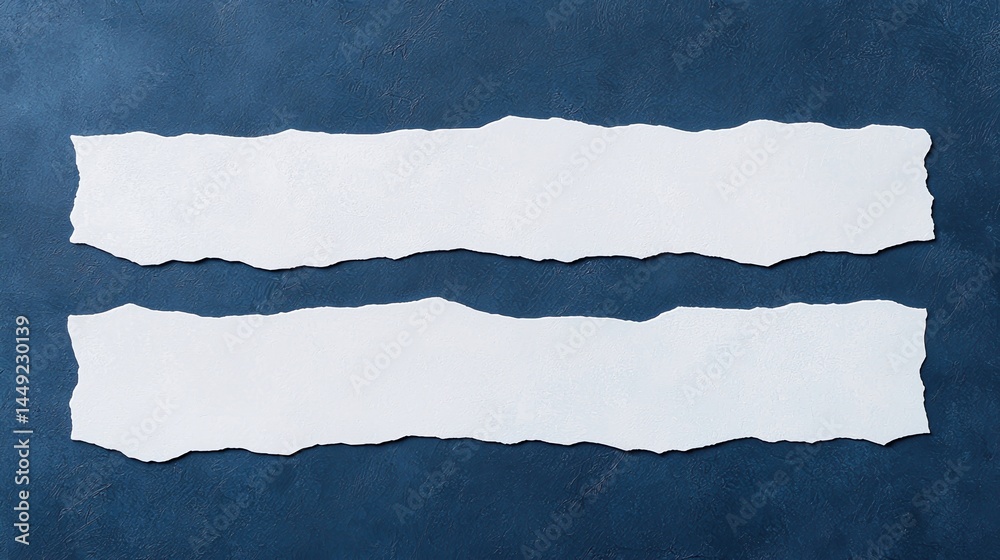 Two torn white strips of paper placed parallel on a dark blue textured background.