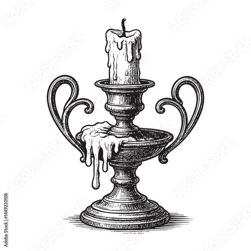 candleholder with melted wax woodcut engraving vector illustration