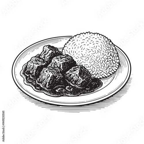 Beef rendang with steamed rice woodcut engraving vector illustration