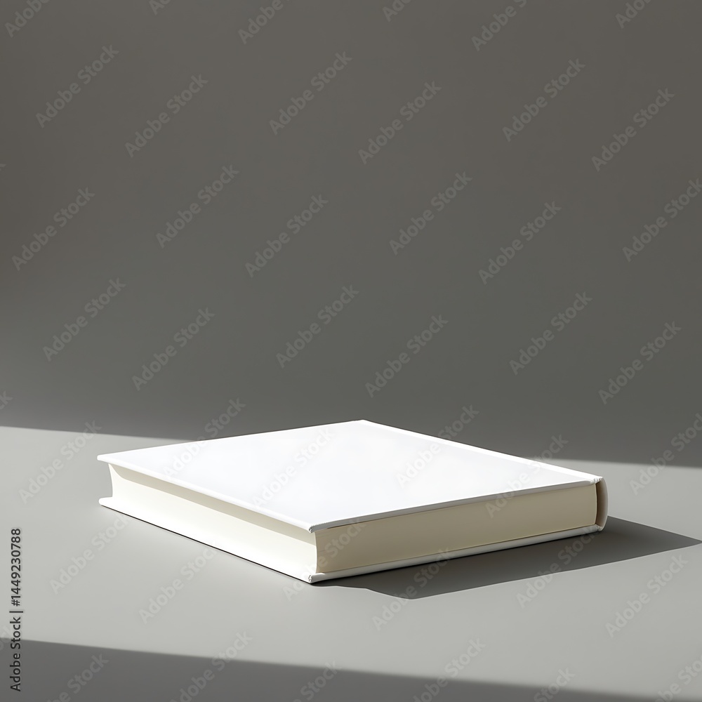 Closed White Book Mockup Rests On A Gray Surface With Shadows, Providing Design, Elegant Simplicity With Shadow Detail, Minimalistic Style Closed White Book Mockup Rests On A Gray Surface With Shadows, Providing Design, Elegant Simplicity With Shadow Detail, Minimalistic Style