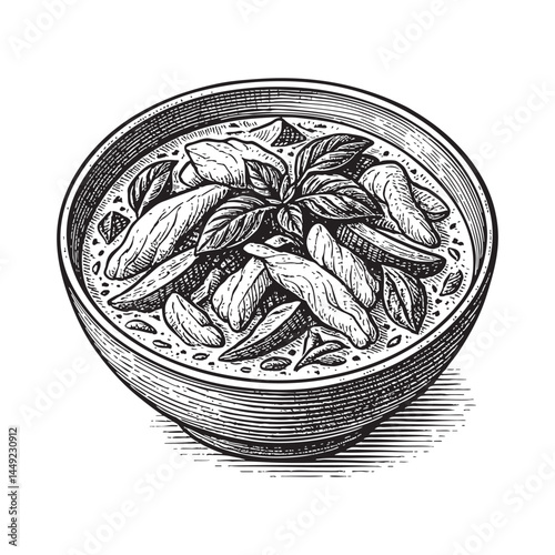Thai green curry with chicken woodcut engraving vector illustration