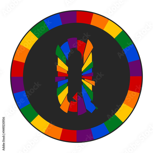 Colorful Abstract capital Letter Q with Rainbow Fragment Circle Design, Enclosed in a Black Frame