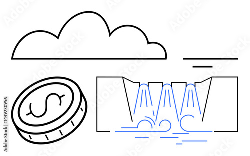 Cloud above coin and waterfall represents innovation, sustainability, finance, creativity, hydropower, green economy, data systems. Ideal for tech, environment business finance clean energy