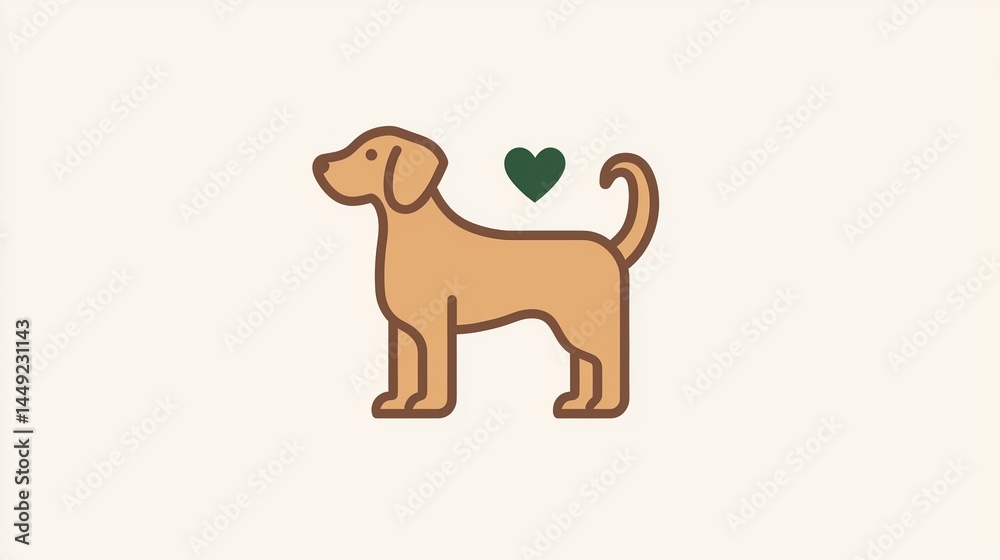 Simple illustration of a brown dog with a green heart above its back on a light background. Simple illustration of a brown dog with a green heart above its back on a light background.