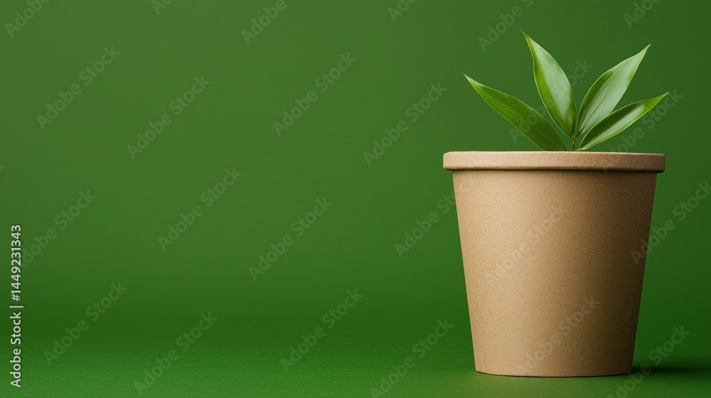 Fototapeta premium A small green plant with pointed leaves in a brown pot against a plain green background.